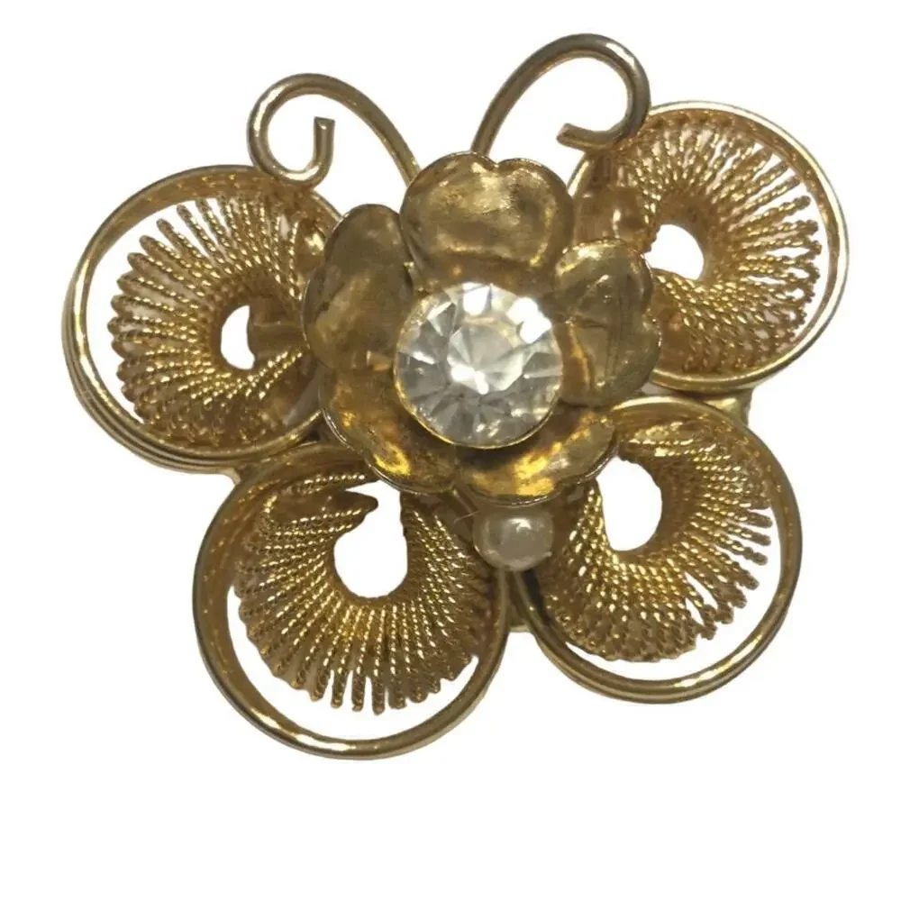 Vtg Butterfly‎ brooch wire pin gold gem rhinestone MCM fashion jewelry granola